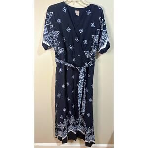 Chico's Blue White Batik Print Maxi Dress V-Neck Kimono Sleeves Size 16 (3)